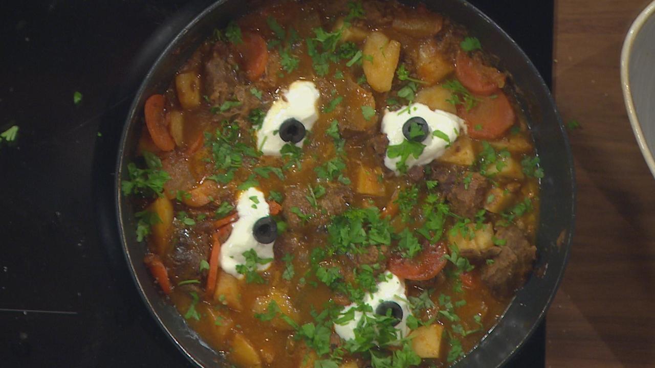'Ghoulish' Goulash served with Monster Eyeballs