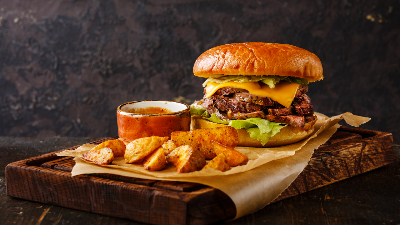 Cheesy Beef Burger and Cajun Wedges
