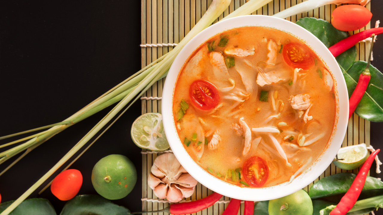 Bowl Of Tom Yum Chicken & Vegetable Soup Noodles
