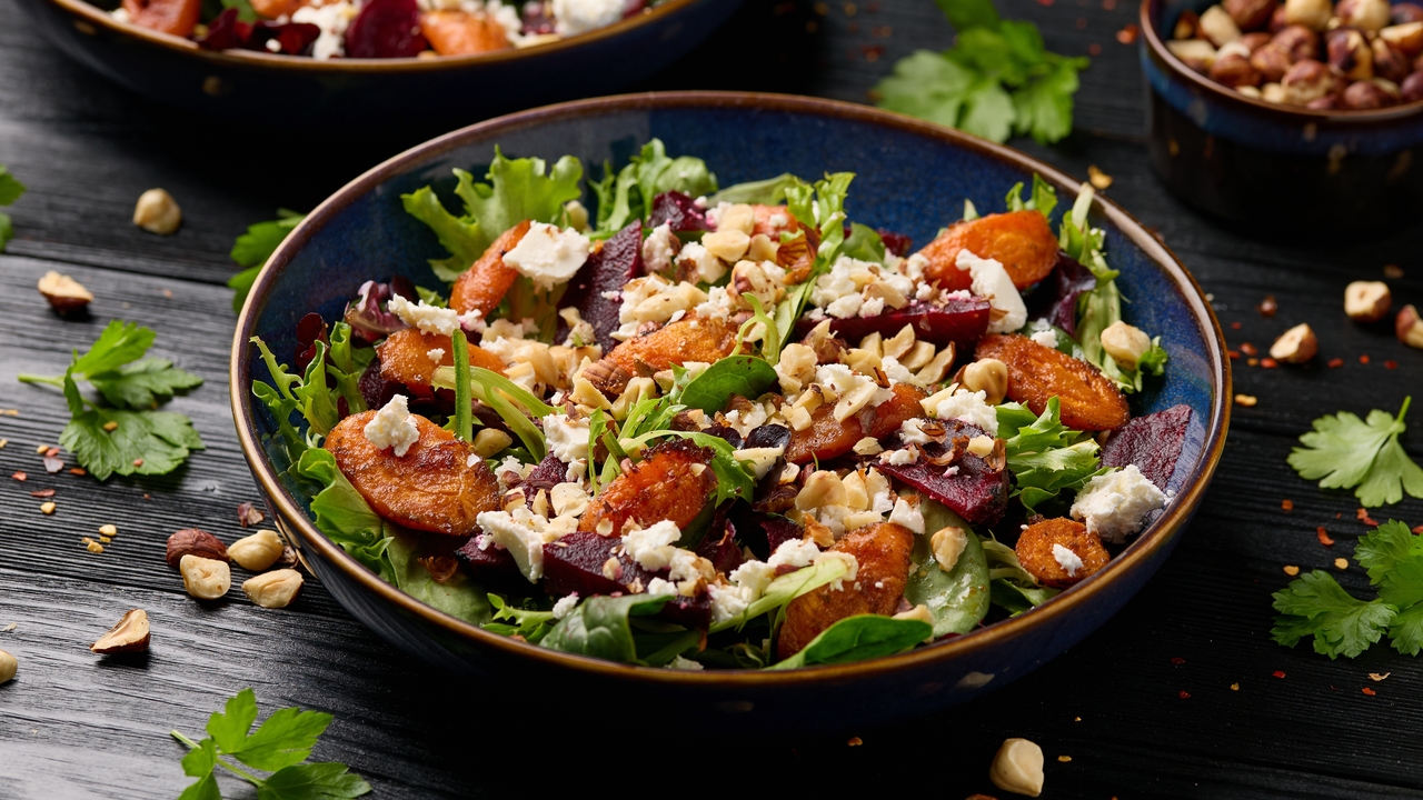 Warm Salad of roast Beetroot, hard Goat’s cheese, Chorizo and Honey candied Walnuts