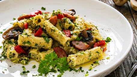 Roman Style Vegan Rigatoni, Mushroom Ragu, Feta Pesto