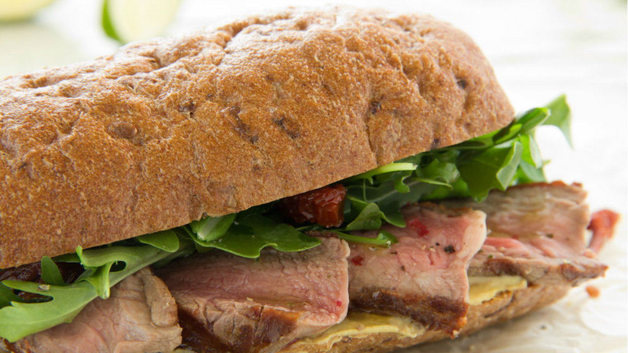 Sliced Quality Assured Beef Steak Sandwich with Caramelised Red Onions & Rocket