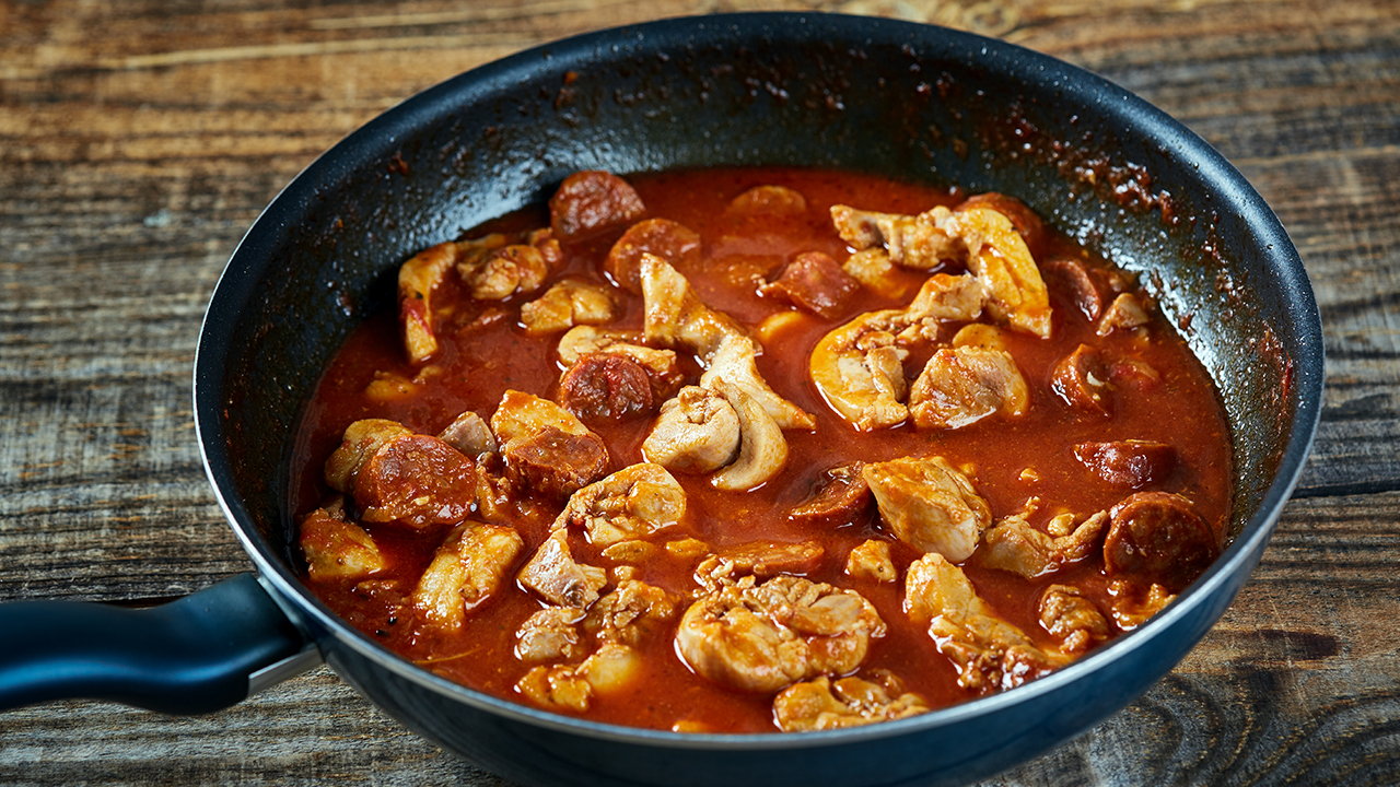 Pan fried chicken and chorizo with penne pasta