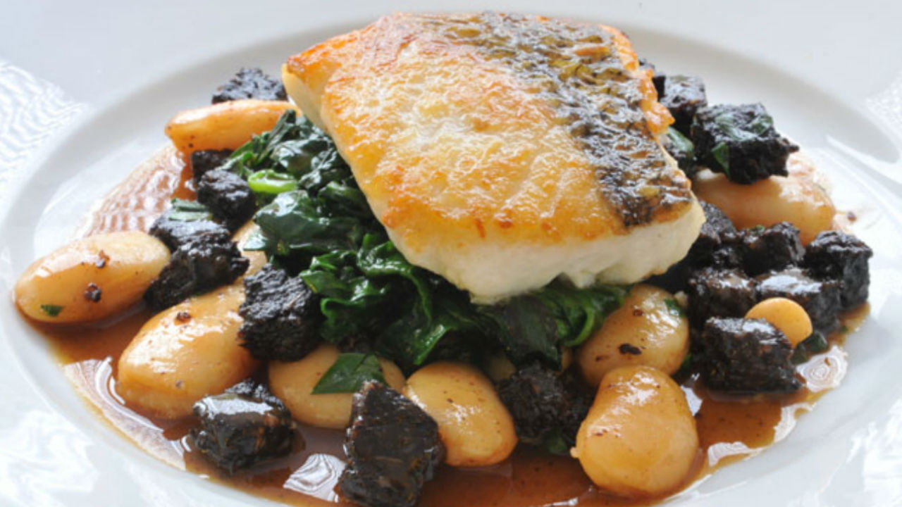 Roast hake with black pudding